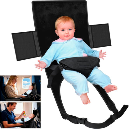 TRELC Portable Baby Airplane Bed front view showing the black hammock setup on an aircraft seat.