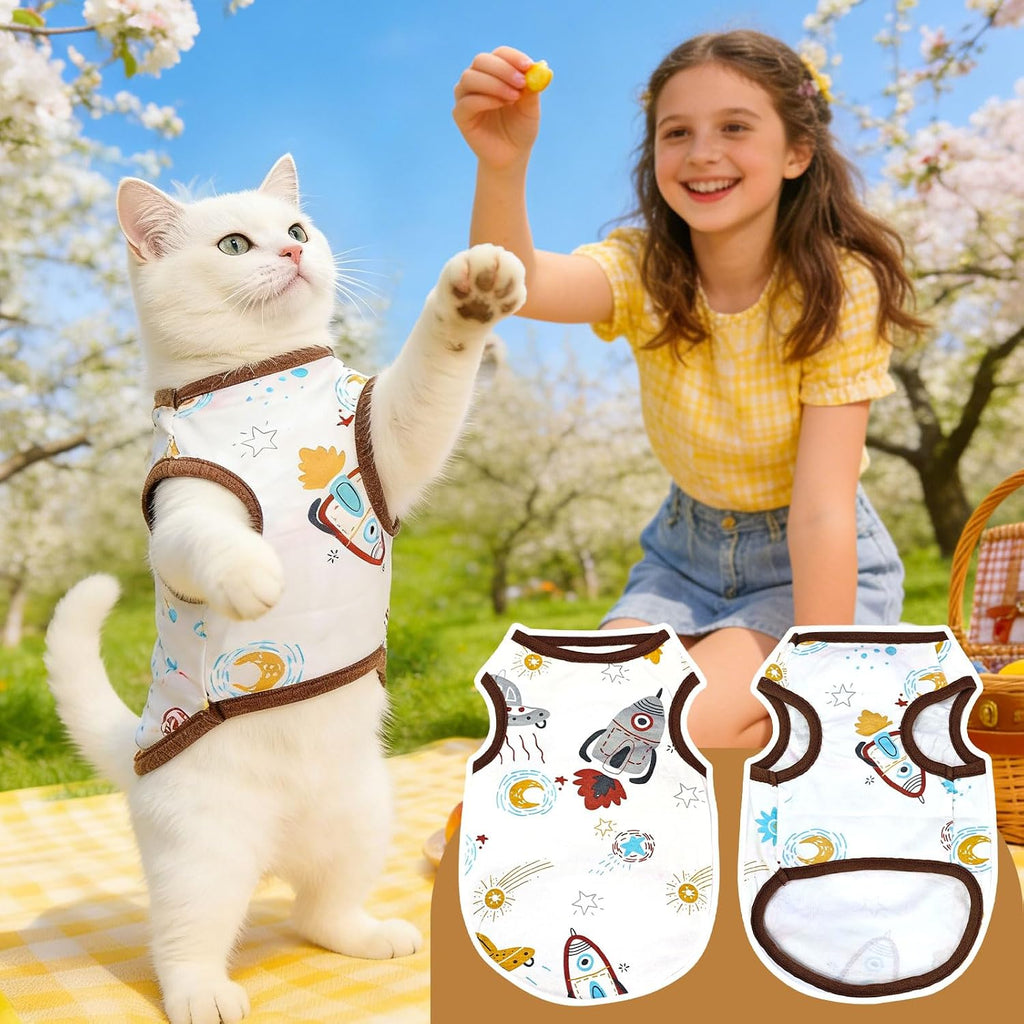 Cat wearing comfortable brown spaceship design shirt