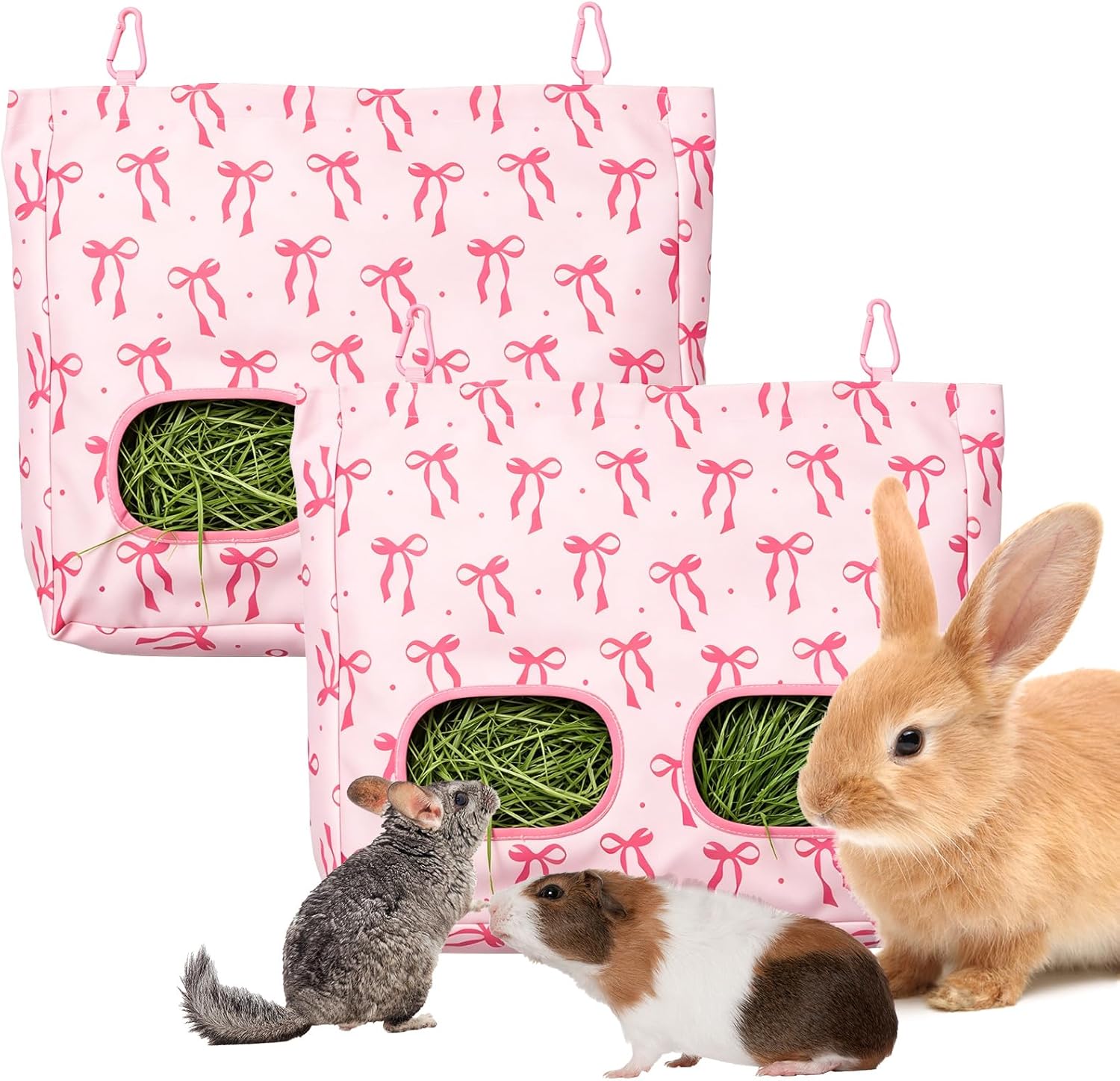 JarThenaAMCS 2Pcs Rabbit Hay Feeder Bag with 2 Holes Pink Bow Guinea Pig Hanging Hay Feeding Bag Storage Dispenser for Chinchilla Hamster Bunny Small Animal Pet - Image 8
