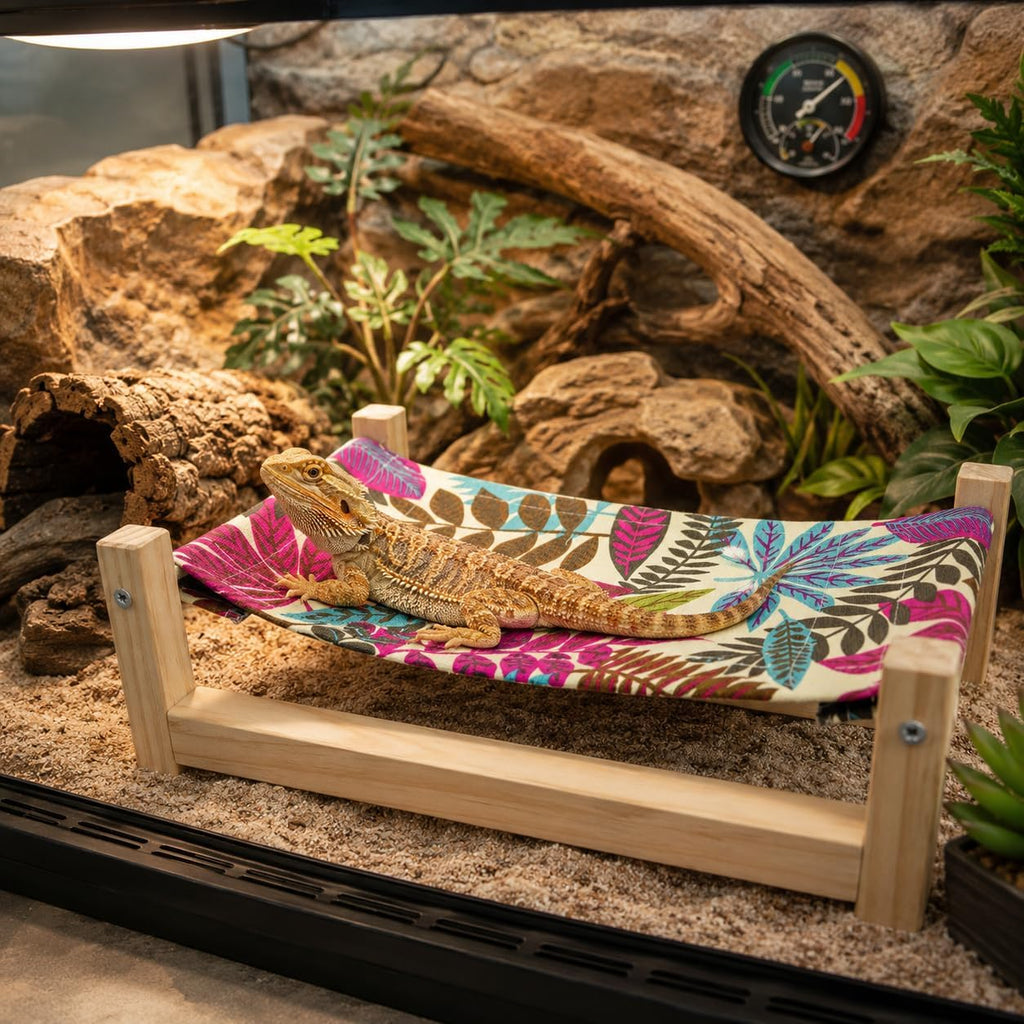 MinrzPet wooden bearded dragon bed front view colorful reptile hammock