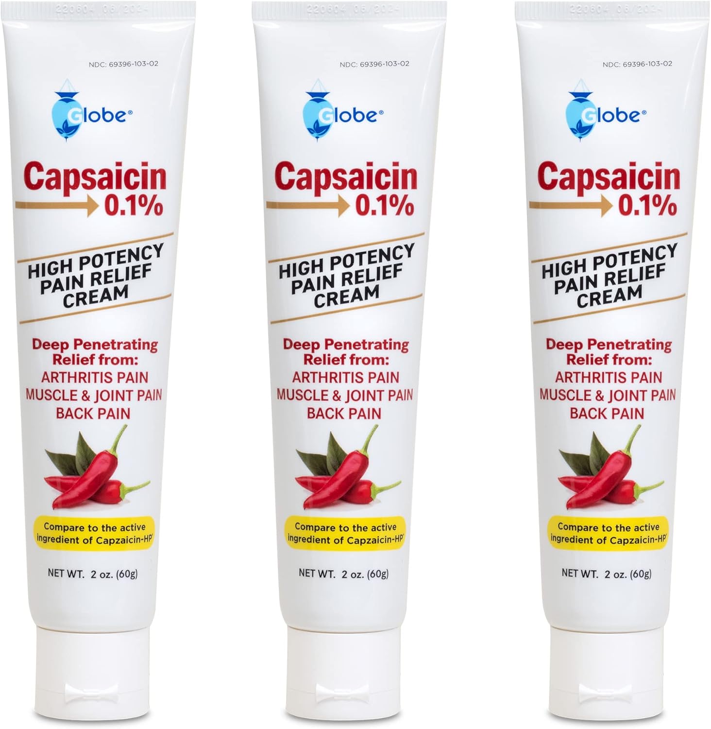 Globe Capsaicin 0.1 percent high potency pain relief cream 3 pack front view