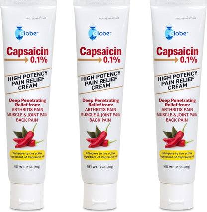 Globe Capsaicin 0.1 percent high potency pain relief cream 3 pack front view