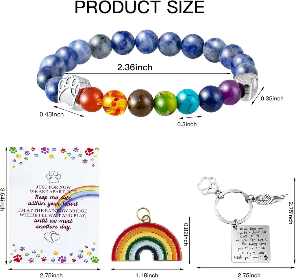 7 chakra pet loss keepsake bracelet with matching angel wing keychain and rainbow brooch.