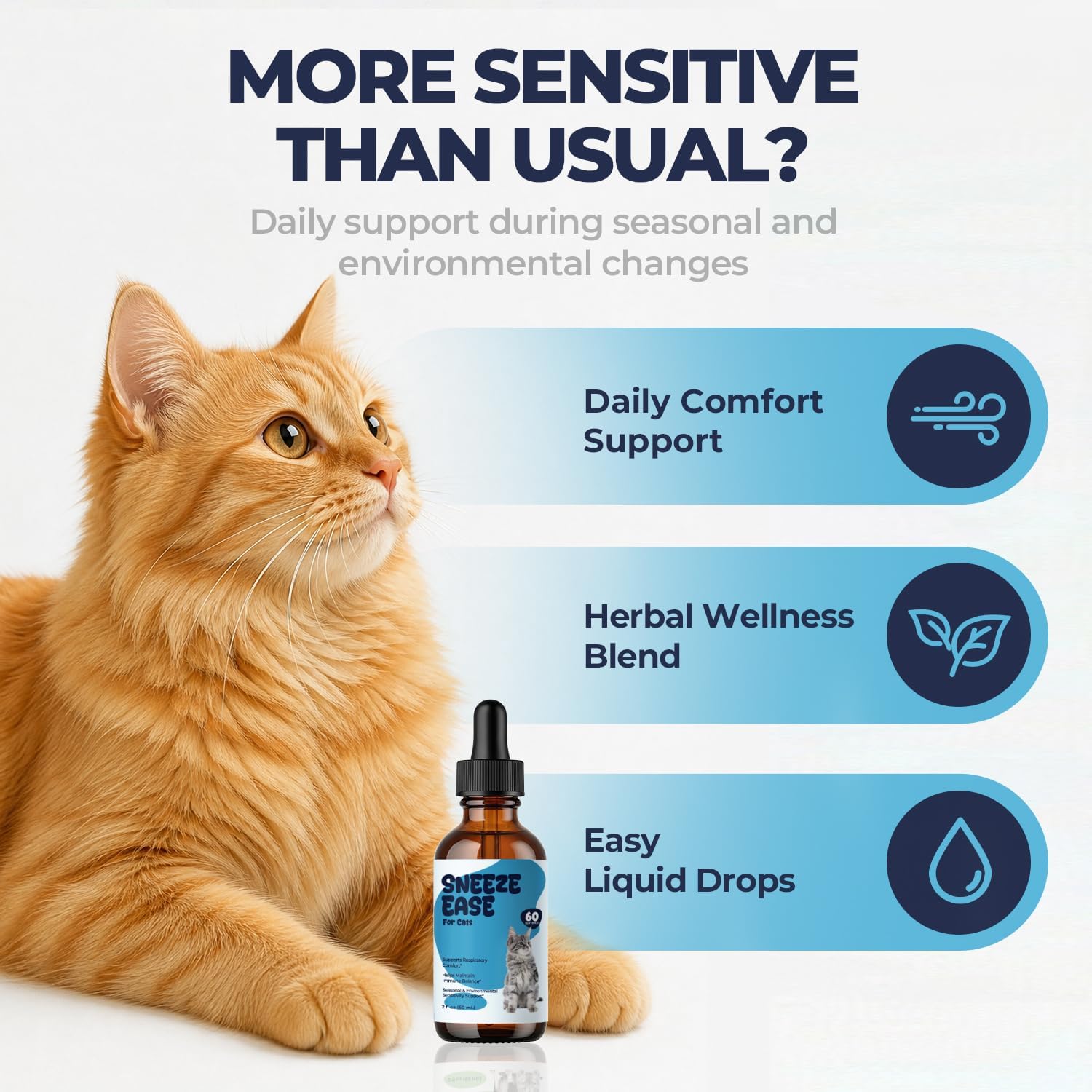 Pet Wellbeing cat sneezing and seasonal allergy herbal supplement bottle