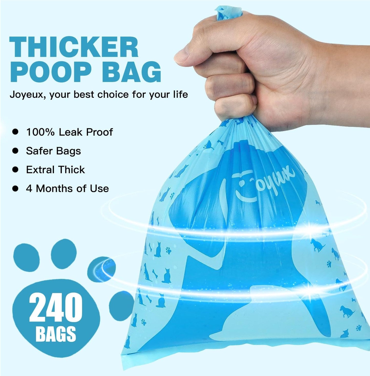 Extra thick leak proof doggy waste bags by Joyeux being pulled from a leash dispenser.