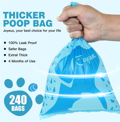 Extra thick leak proof doggy waste bags by Joyeux being pulled from a leash dispenser.