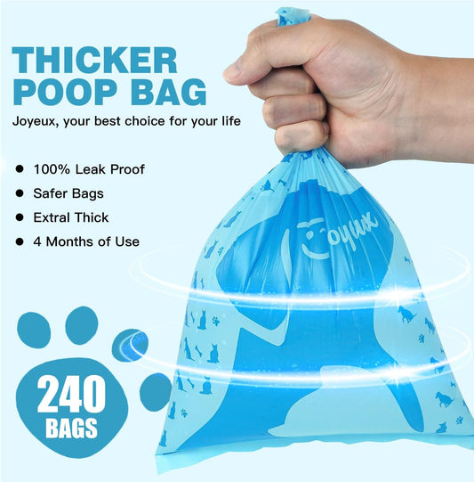 Extra thick leak proof doggy waste bags by Joyeux being pulled from a leash dispenser.