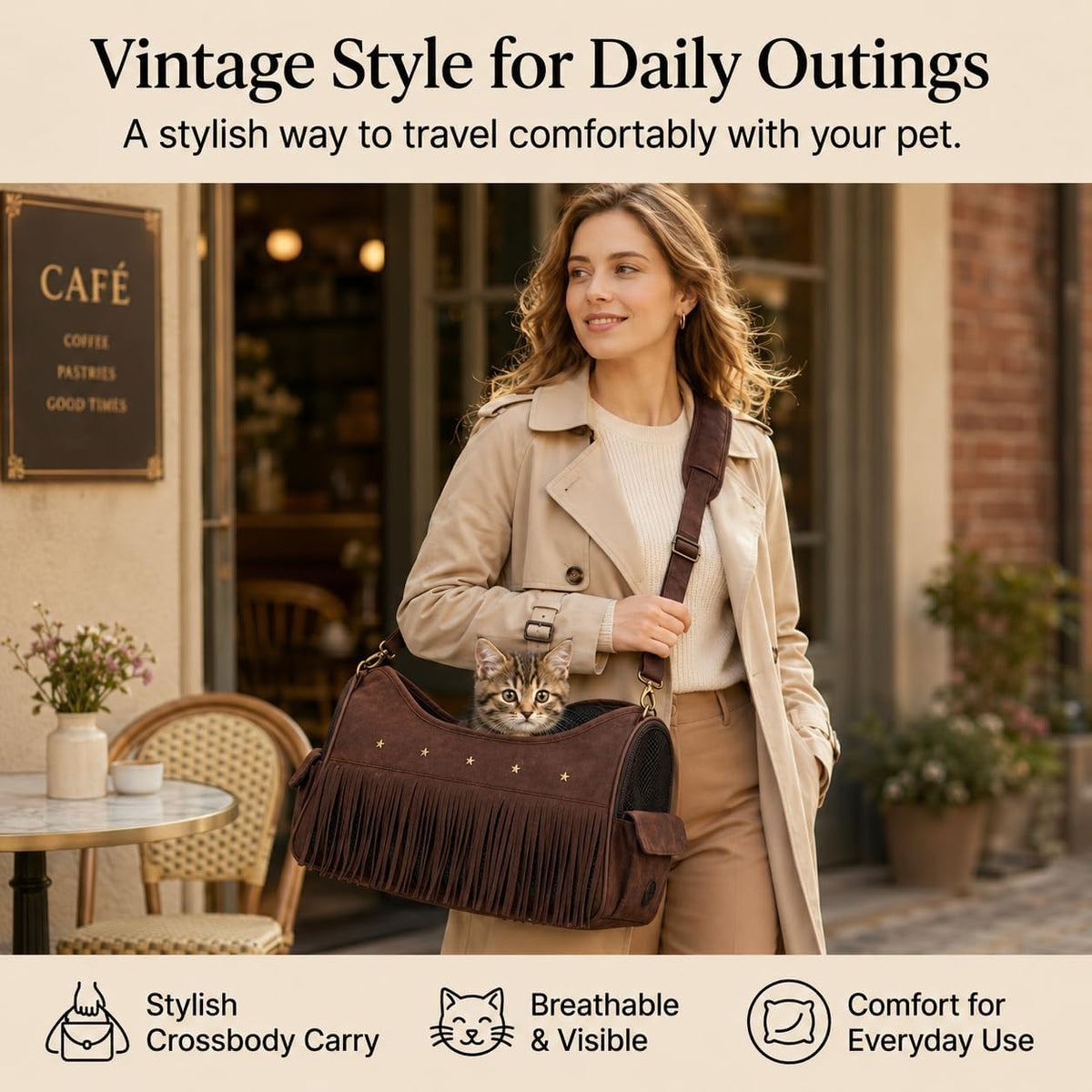 Detailed view of fringe and star studs on brown pet carrier purse