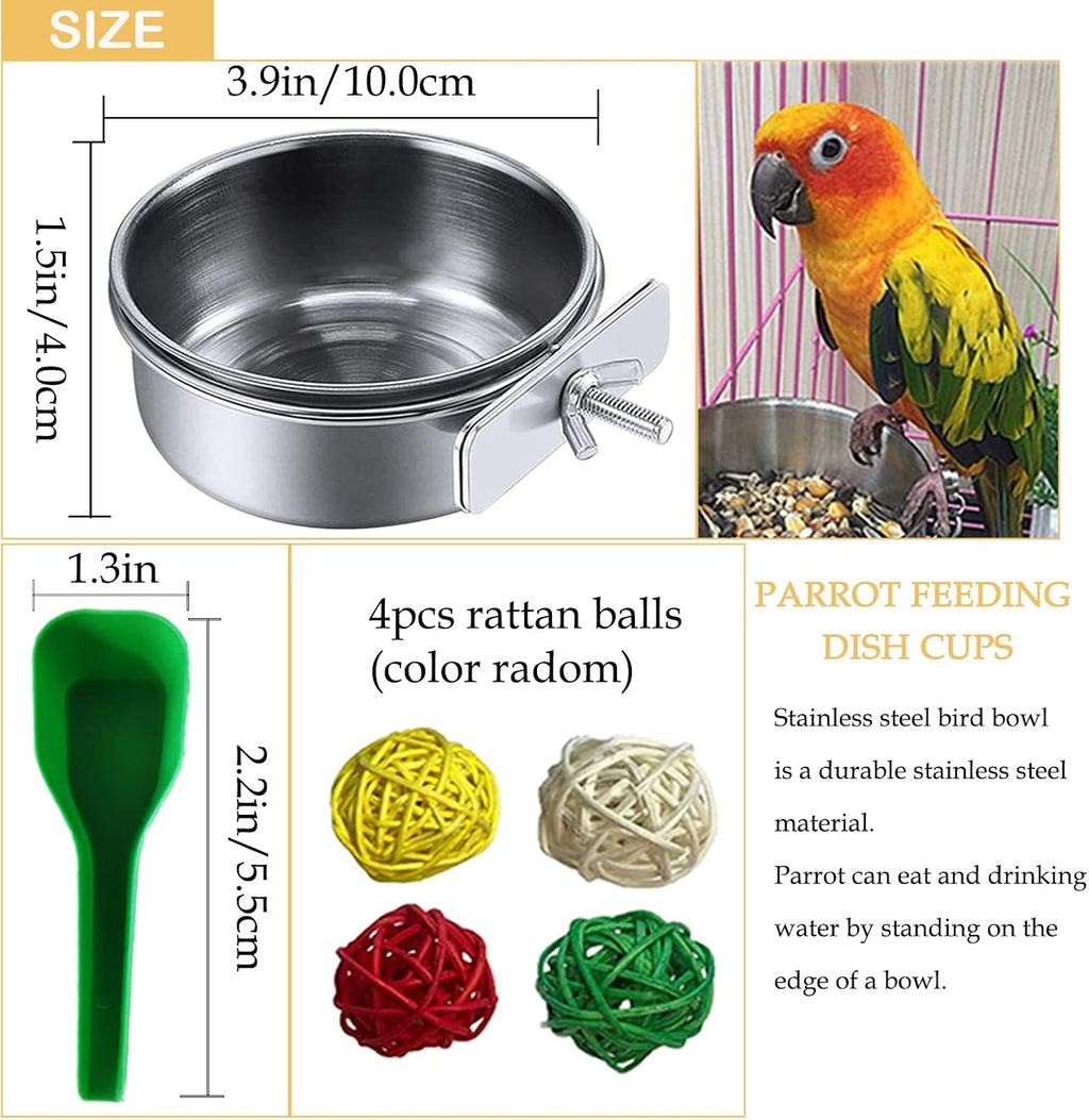 Parrot feeder dish cups mounted on wire cage