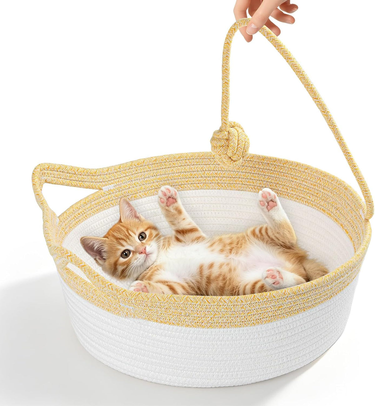Cotton Rope Woven Cat Bed, Pet Sleeping Bed with a Playing Rope Ball, Foldable Sleeping Basket for Cats, Puppies, Rabbits and Small Pets (Large, Brown & Beige) - Image 13