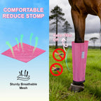 Close up of adjustable hook and loop fasteners on pink equine leg wraps
