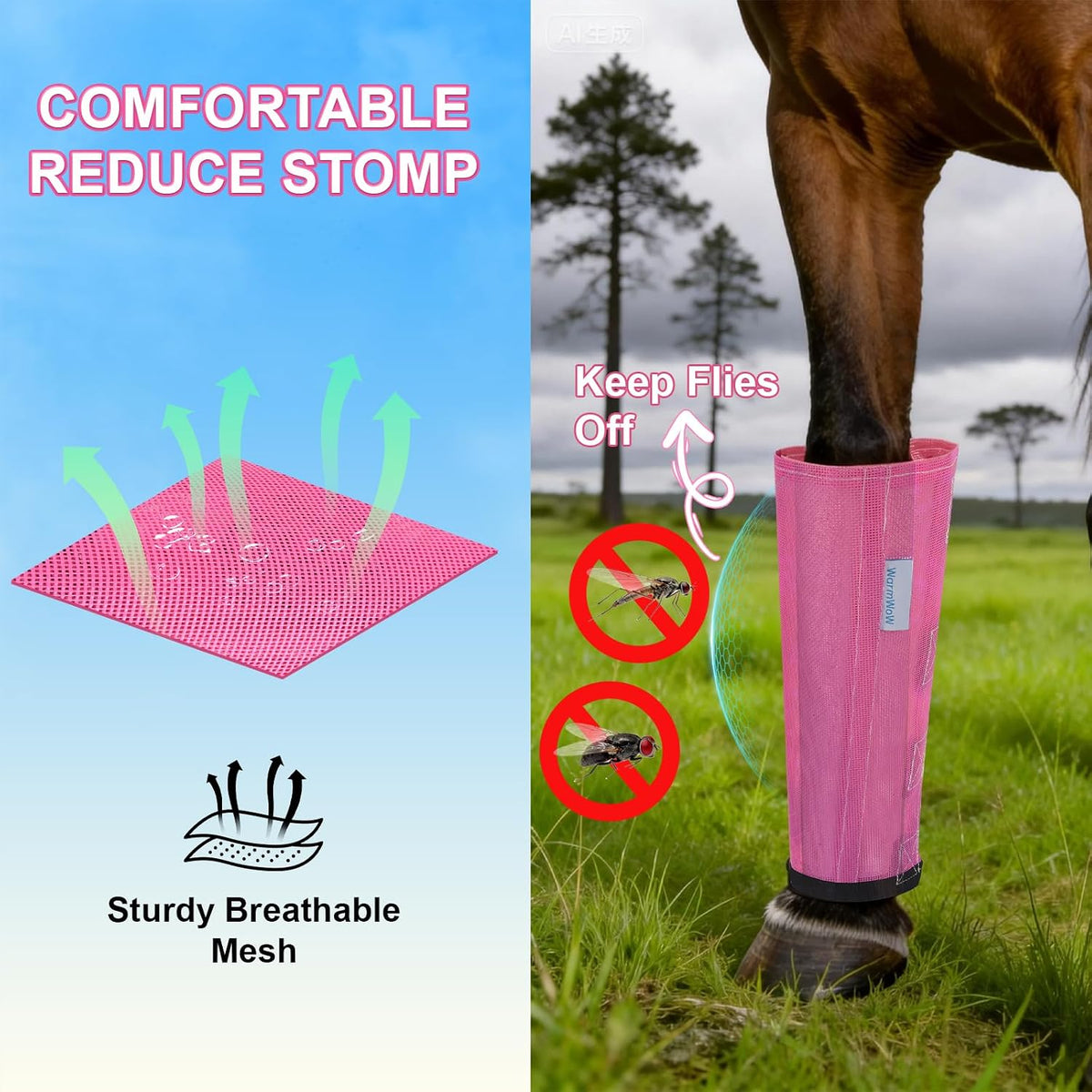 Close up of adjustable hook and loop fasteners on pink equine leg wraps