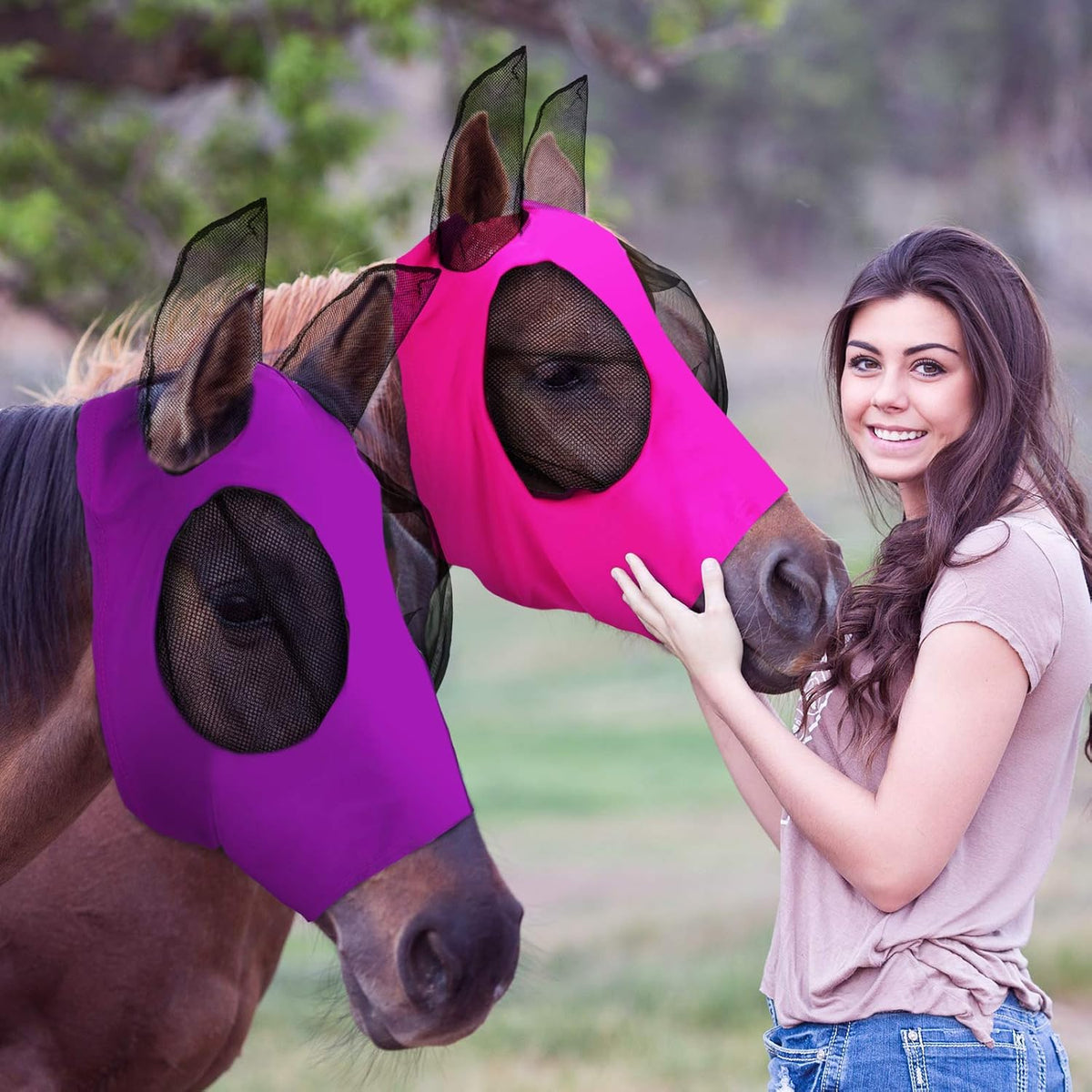 Weewooday horse fly mask 2 piece set front view in purple and pink