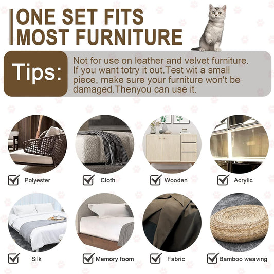 Transparent cat scratch deterrent tape applied to fabric sofa