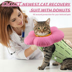 Cat wearing soft recovery collar and cotton onesie while eating from a bowl.