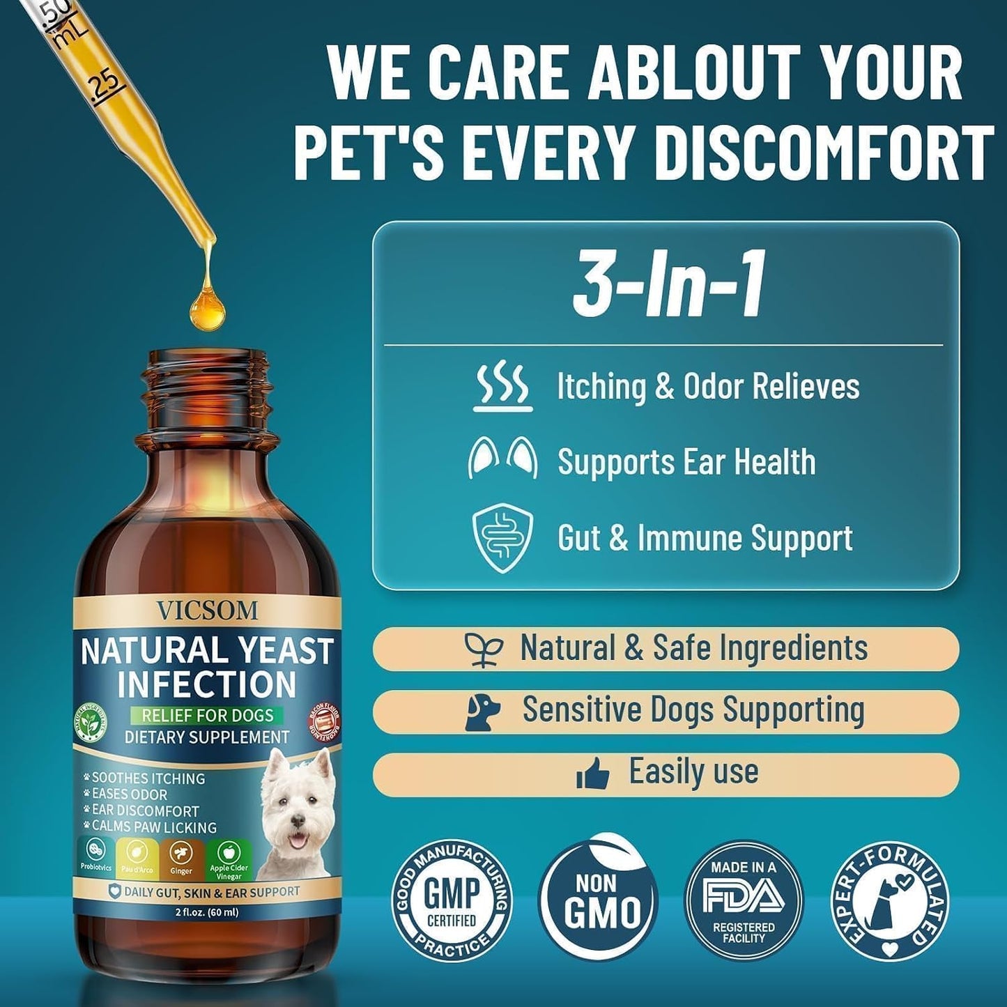 VICSOM Natural Dog Yeast Infection Treatment for Dogs, Itchy Skin & Ear Treatment Natural Support Allergy Relief, Dog Yeast Infection Relief, Support Irritation, Itching & Inflammation 60ml - Image 3