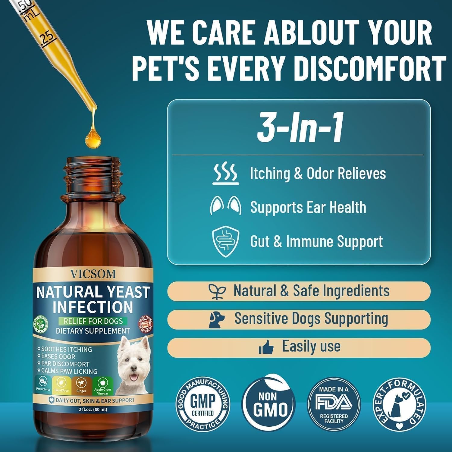 VICSOM Natural Dog Yeast Infection Treatment for Dogs, Itchy Skin & Ear Treatment Natural Support Allergy Relief, Dog Yeast Infection Relief, Support Irritation, Itching & Inflammation 60ml - Image 3