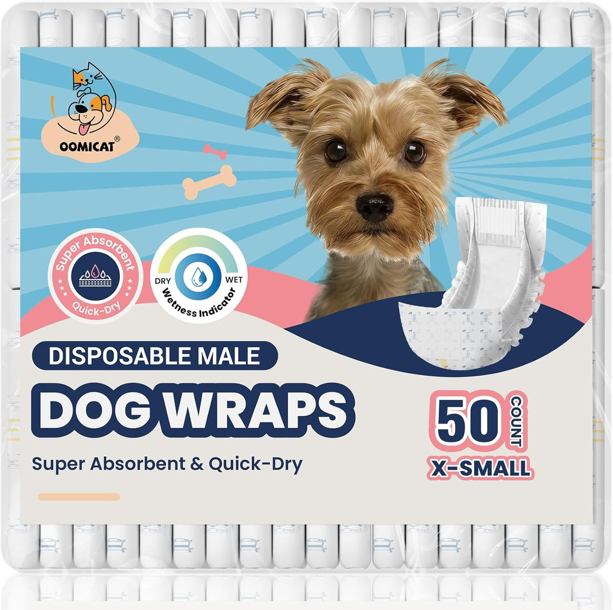 Oomicat Disposable Male Dog Diapers front view of packaging with fifty count extra small wraps.