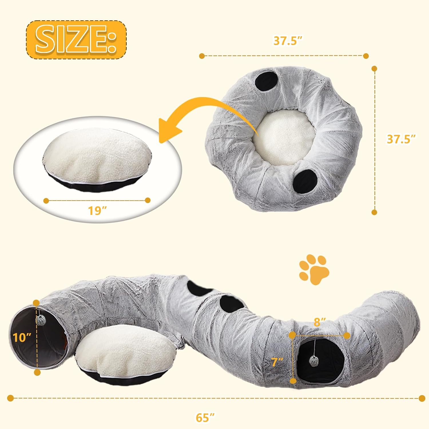 Grey cat donut tunnel with washable circle cushion top view