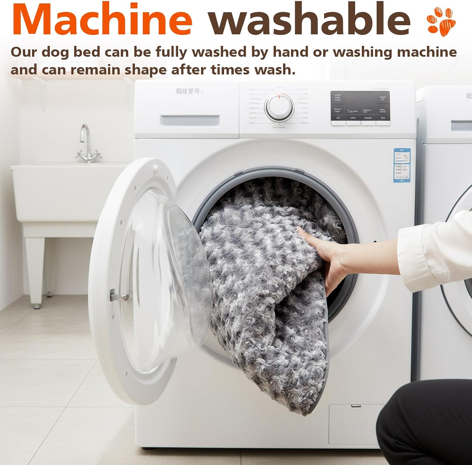 Hahafelt gray washable dog bed inside wooden furniture crate