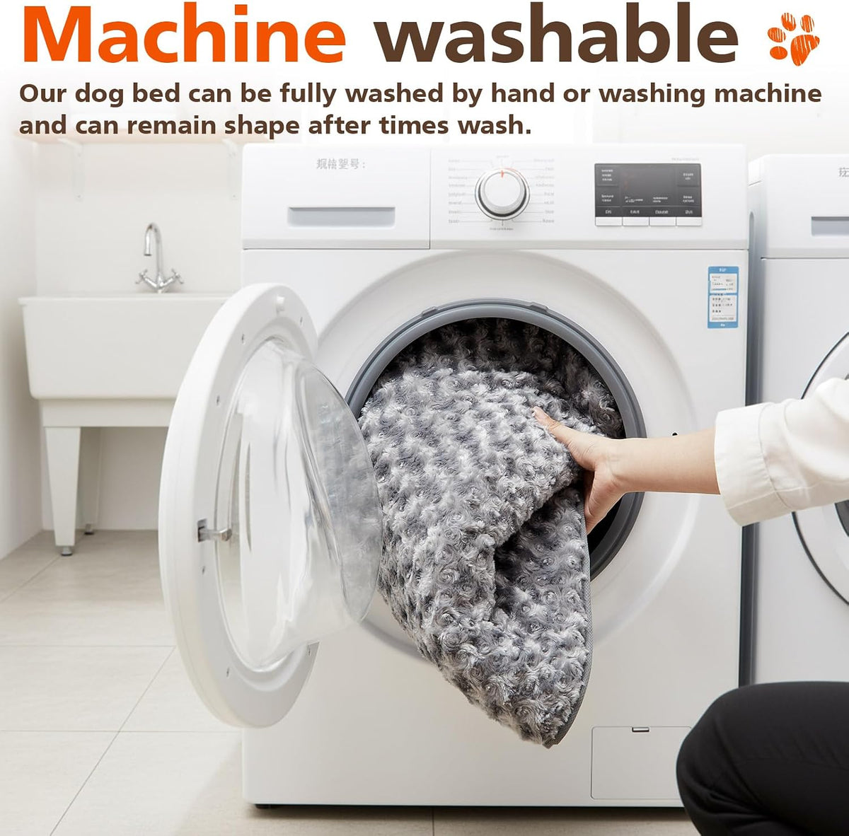 Hahafelt gray washable dog bed inside wooden furniture crate