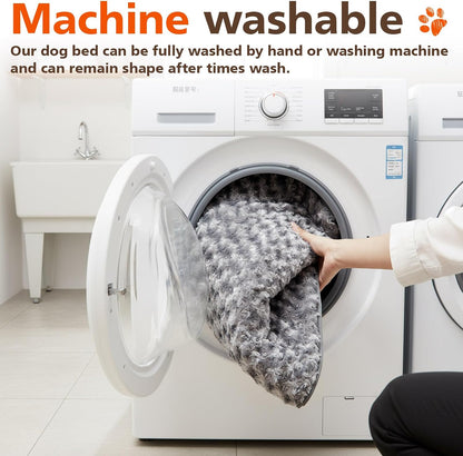 Hahafelt gray washable dog bed inside wooden furniture crate