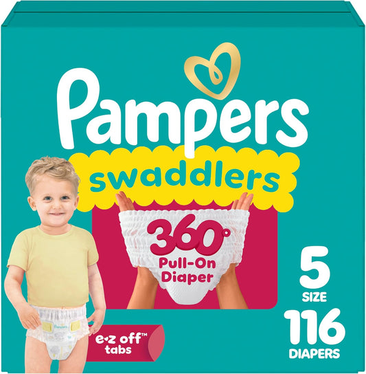 Pampers Swaddlers 360 Degree pull on baby diapers size 5 front packaging view