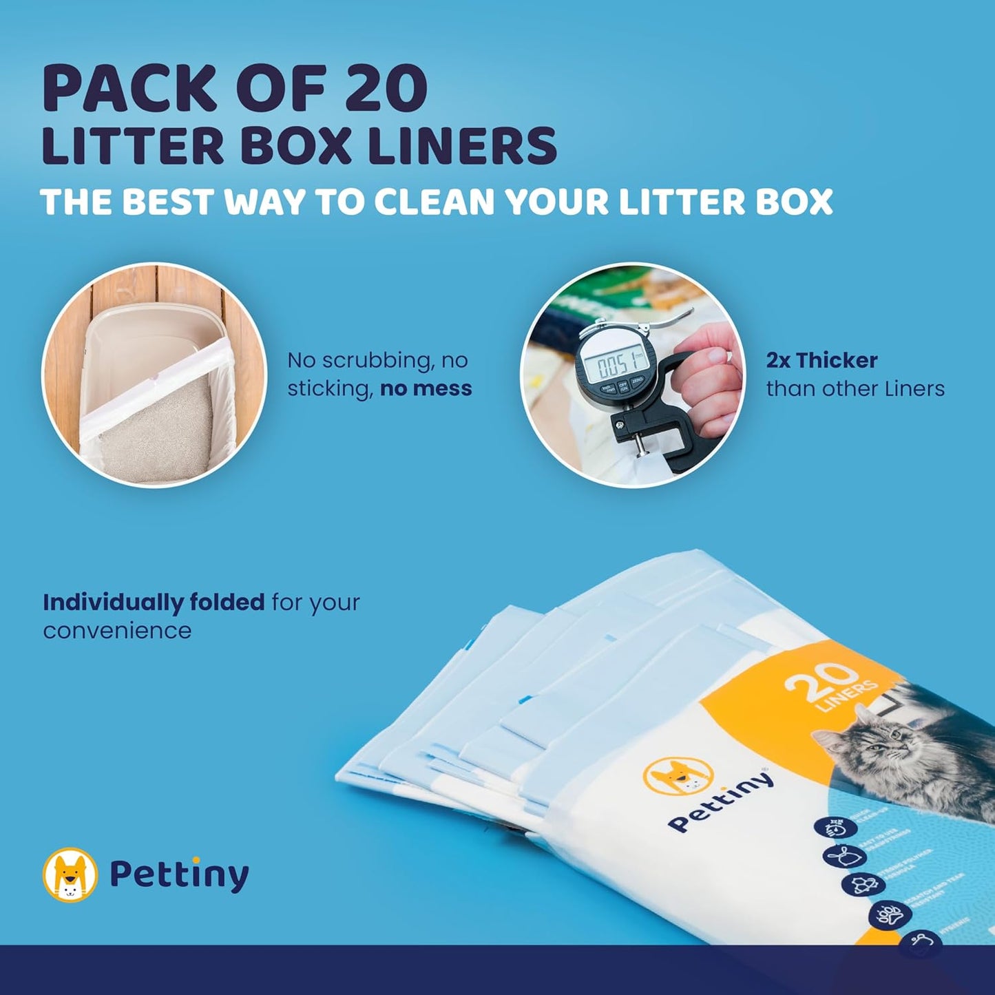 Pettiny cat litter liners box showing the 20 count pack size specifications.