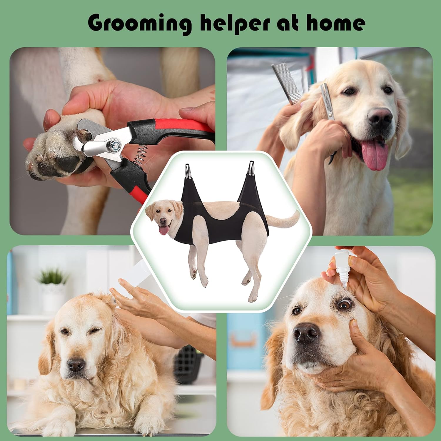Demonstration of dog suspended in Guzekier grooming hammock