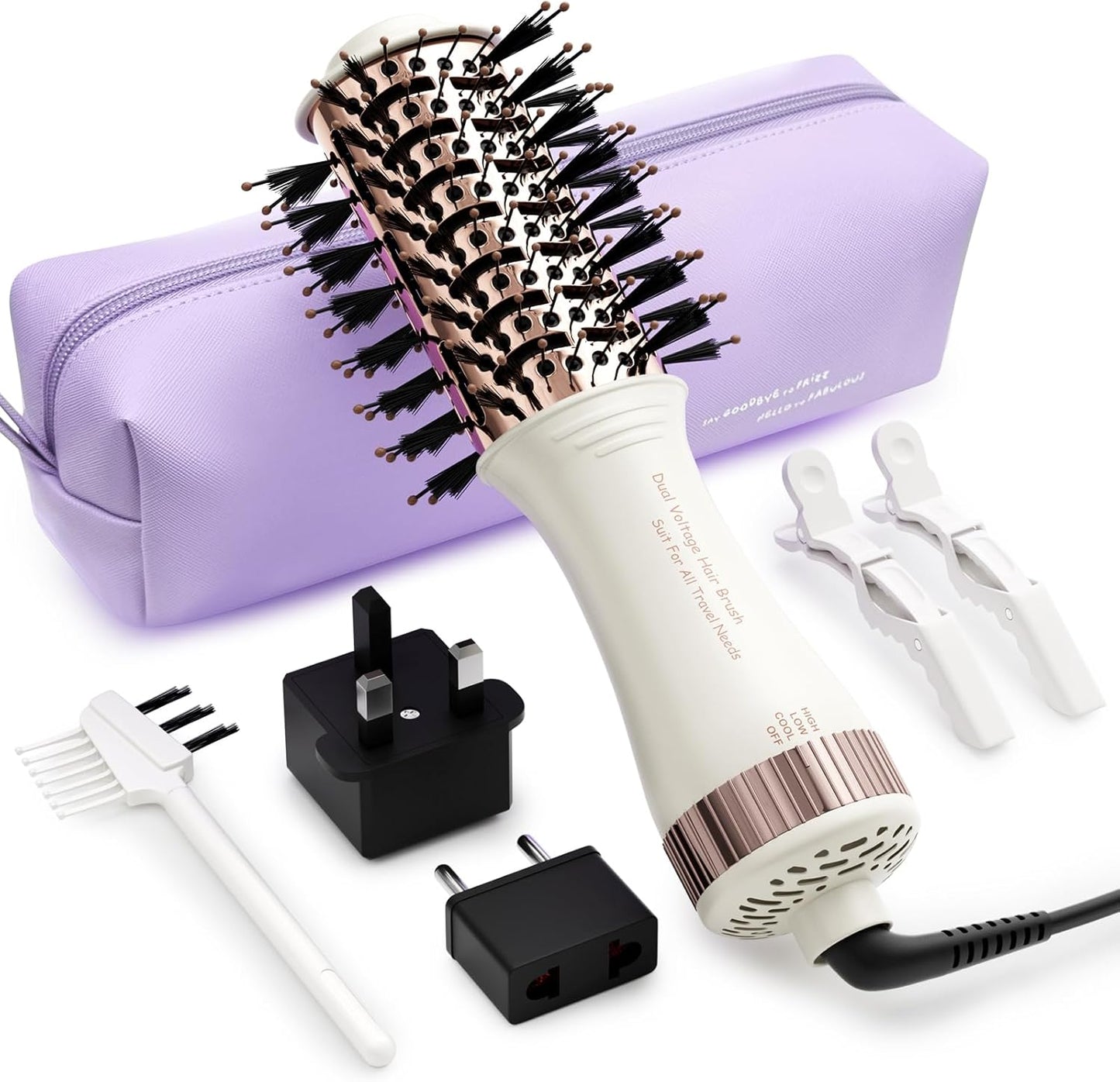Olaermoso 4 in 1 travel dual voltage hair dryer brush front view showcasing the two inch oval barrel and sleek black handle.