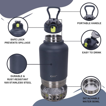GiNT pet travel flask with the ten ounce bottom bowl detached for dog drinking.