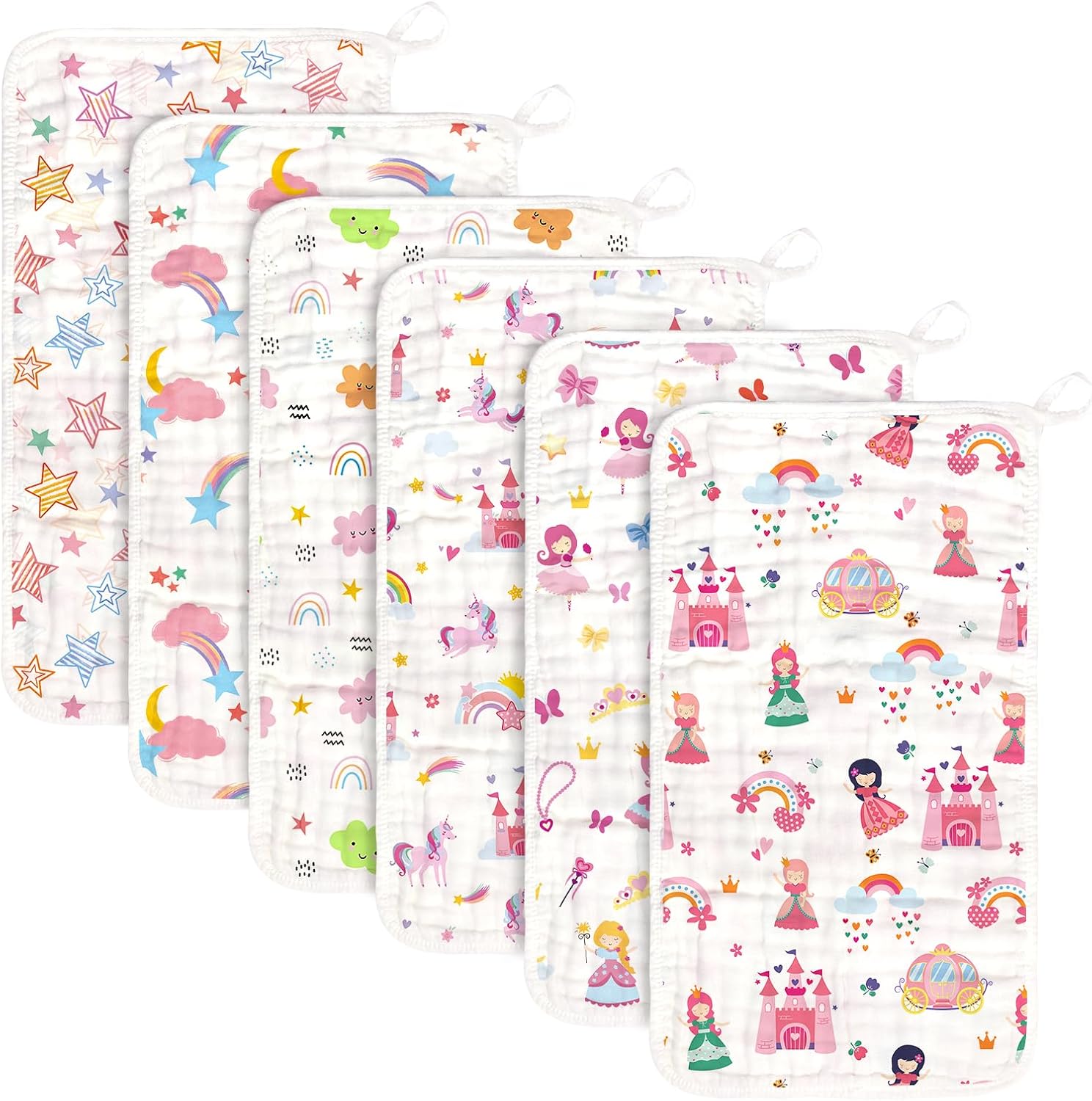 Decalsweet baby muslin burp cloths six pack front view of folded printed cotton rags.