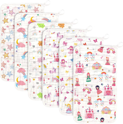 Decalsweet baby muslin burp cloths six pack front view of folded printed cotton rags.