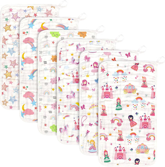 Decalsweet baby muslin burp cloths six pack front view of folded printed cotton rags.