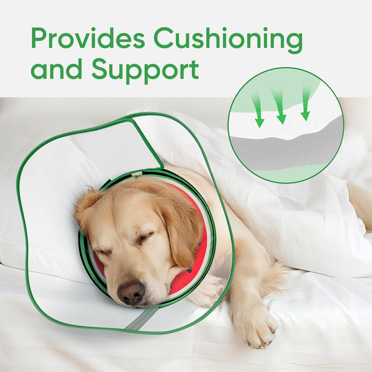 Adjustable post surgery pet collar with velcro straps close up