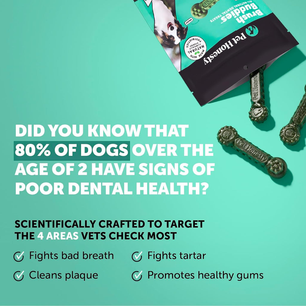 Close up of a single Pet Honesty Brush Buddies dental stick highlighting its unique texture and shape for plaque removal.