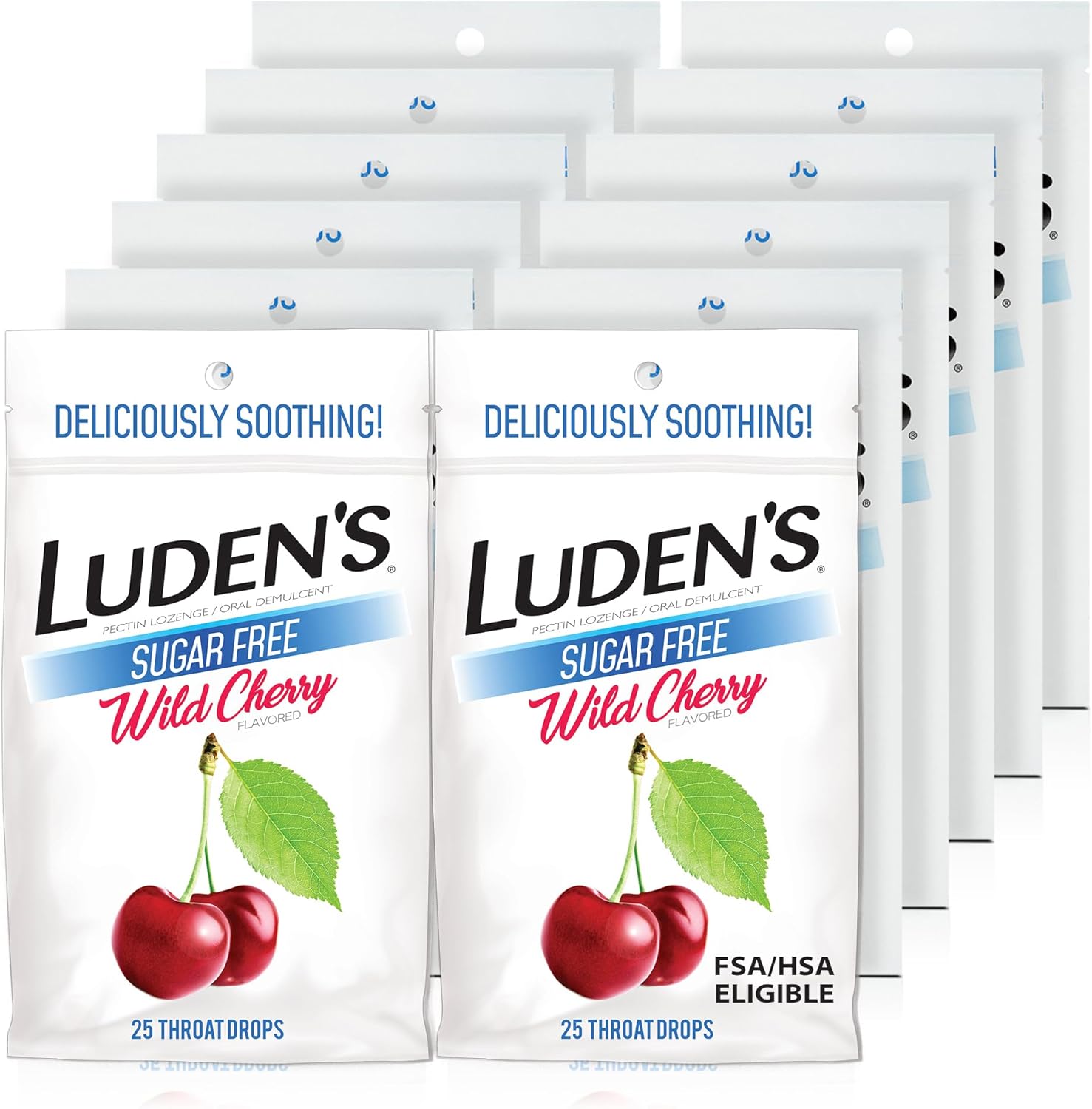 Luden's Sugar Free Wild Cherry Throat Drops front view of packaging for sore throat relief.