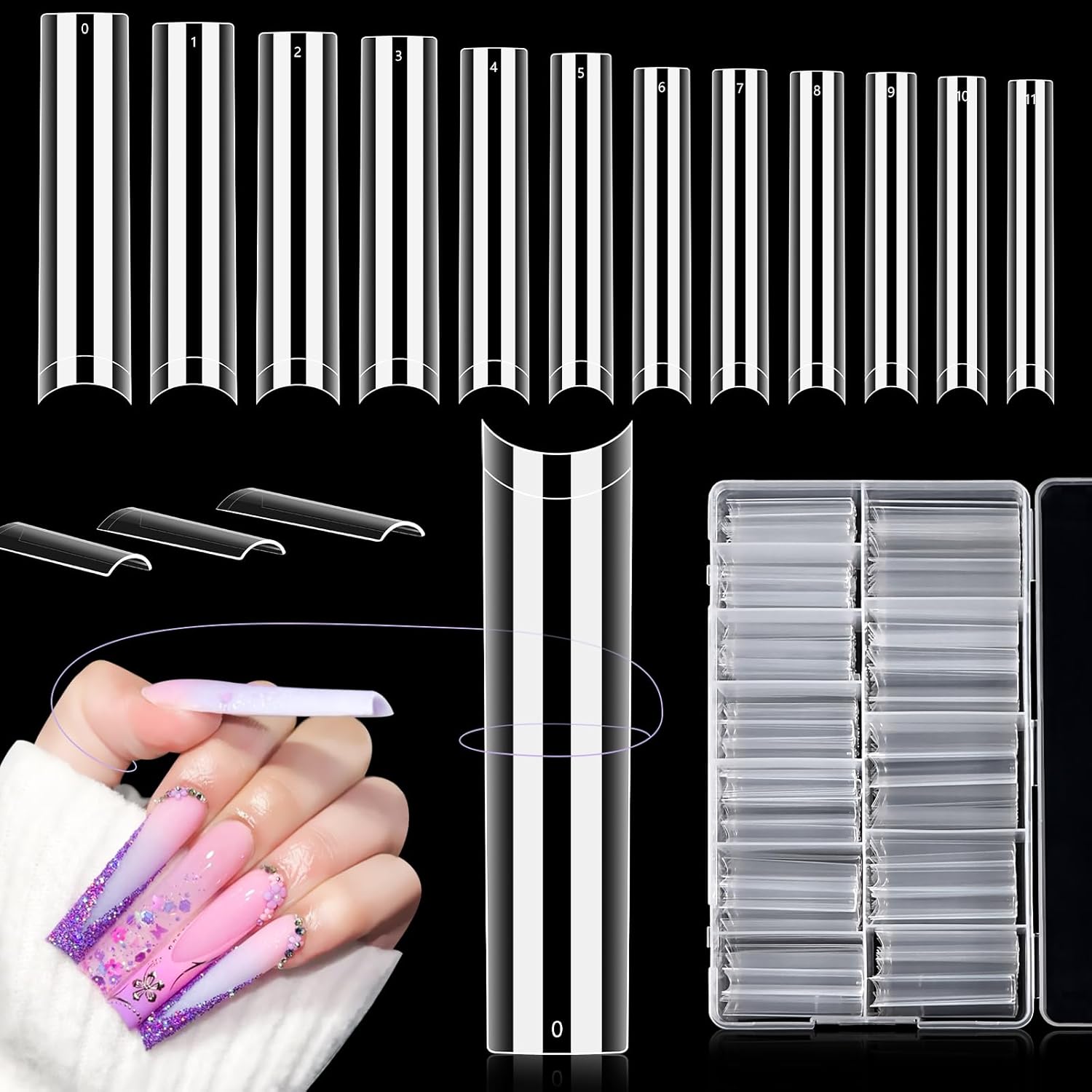 LIONVISON 3XL extra long square nail tips in a clear 504 count organized storage box