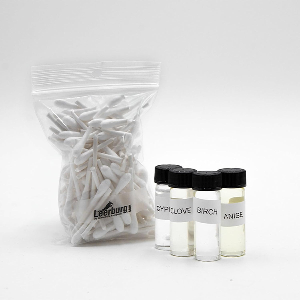 Leerburg scent work refill kit with essential oils and cotton swabs