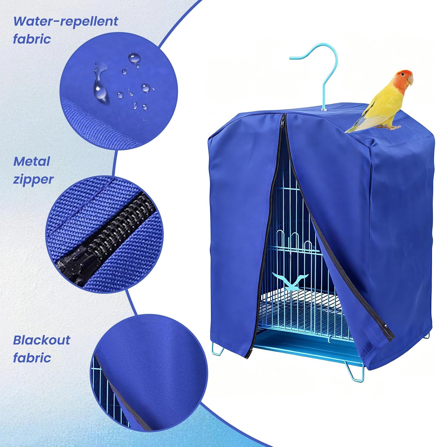 Light proof windproof bird cage cover demonstrating easy door access using zipper