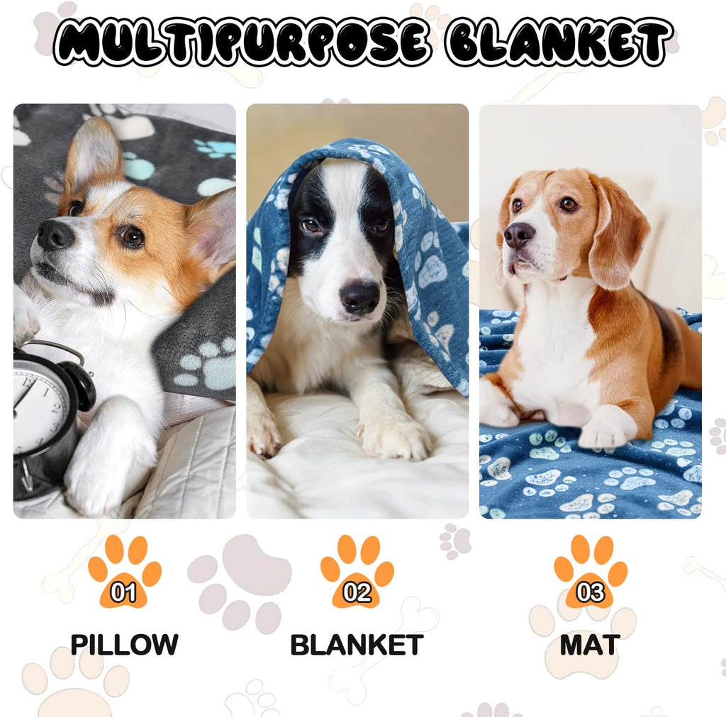 Cozy medium sized dog resting comfortably with a gray fleece throw blanket
