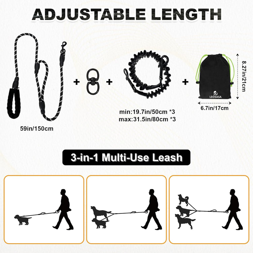 LEOSASA three in one multiple pet walking lead with shock absorbing bungee lines.