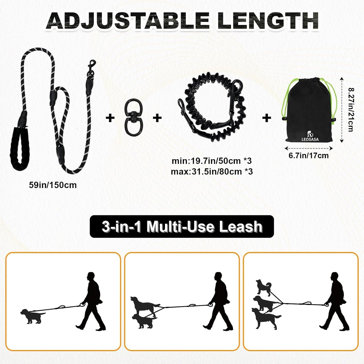 LEOSASA three in one multiple pet walking lead with shock absorbing bungee lines.
