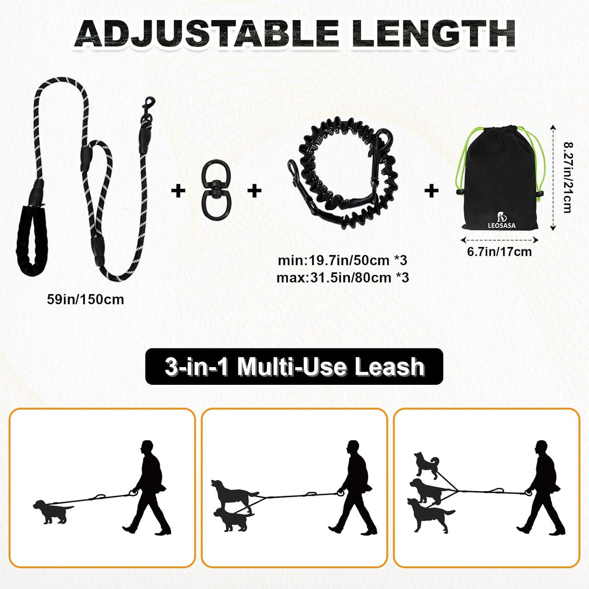 LEOSASA three in one multiple pet walking lead with shock absorbing bungee lines.