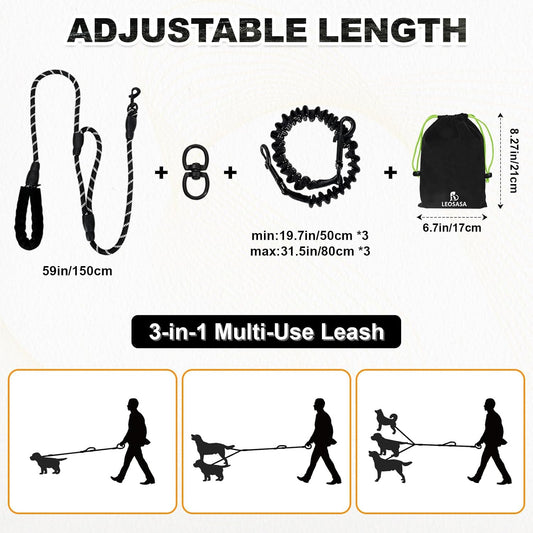 LEOSASA three in one multiple pet walking lead with shock absorbing bungee lines.