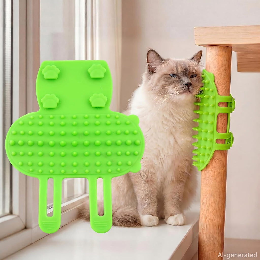 Cat using the pink wall corner self groomer toy