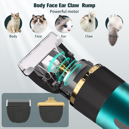 Rechargeable low noise cat shaver for thick coats showing battery indicator.