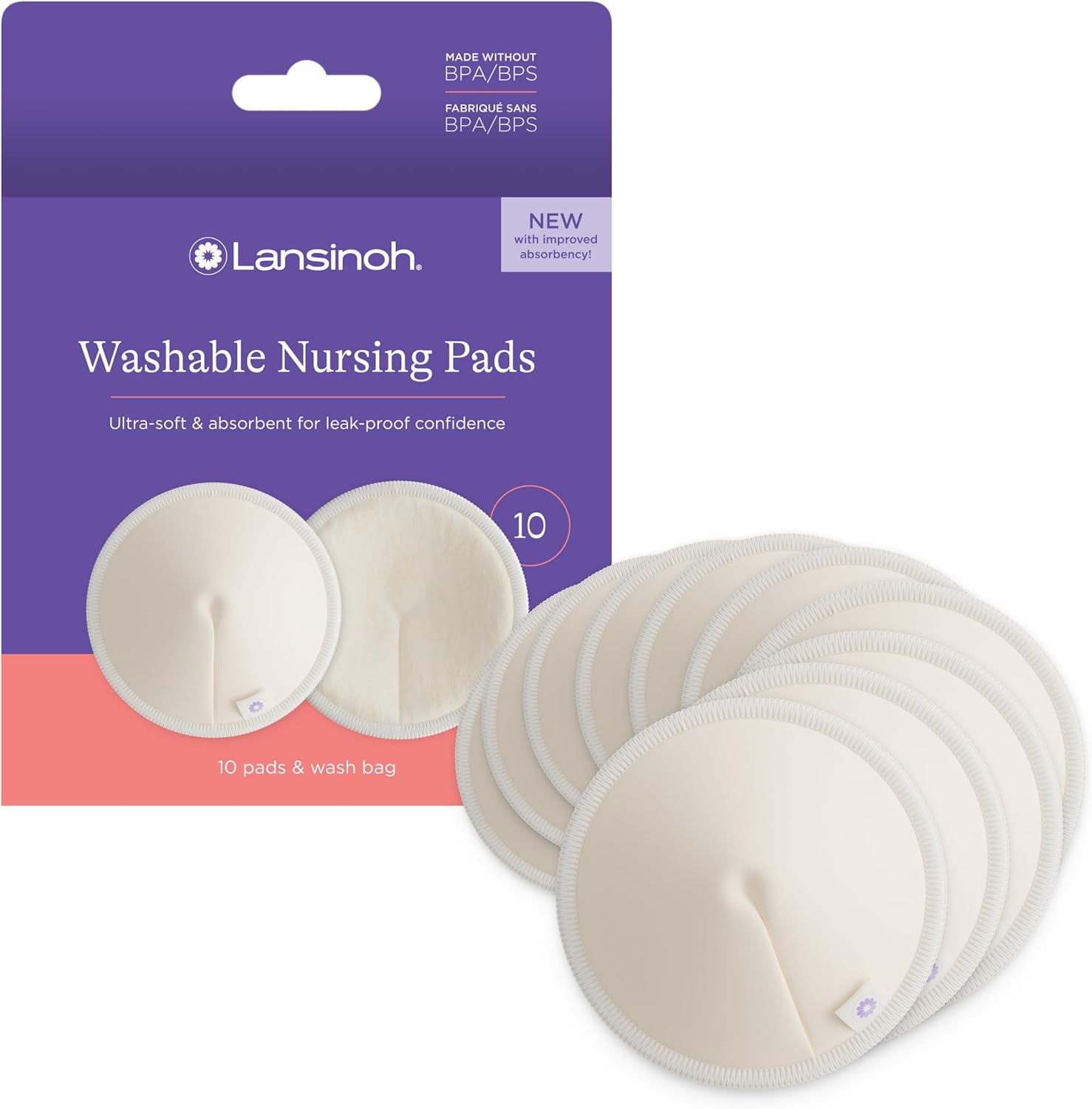 Lansinoh Washable Nursing Pads 10 count front view packaging