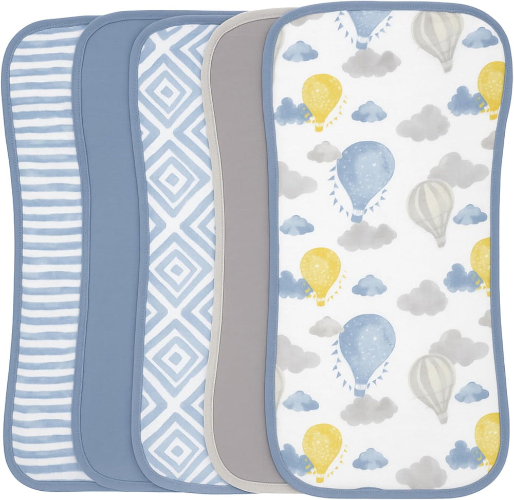 Featherhead 5-Pack Muslin Burp Cloths blue balloons front view