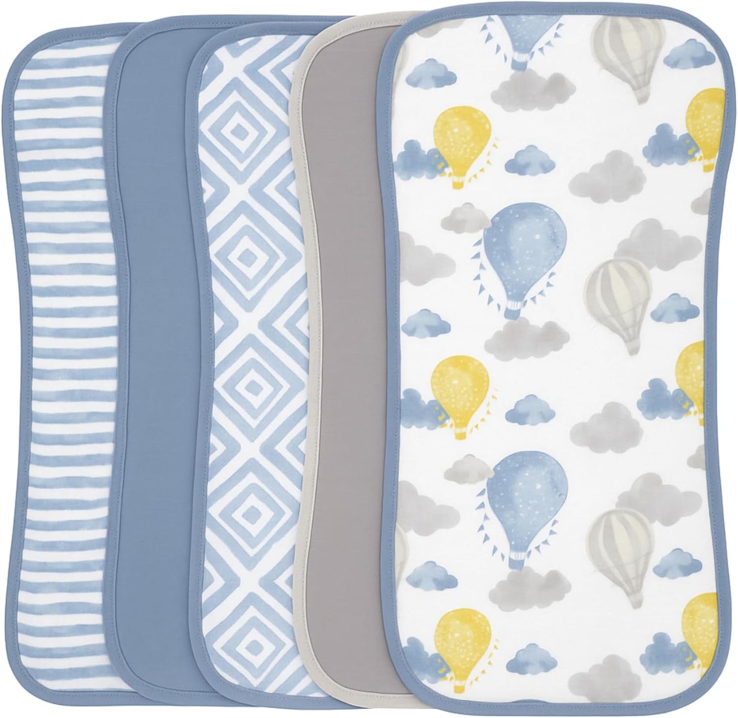 Featherhead 5-Pack Muslin Burp Cloths blue balloons front view